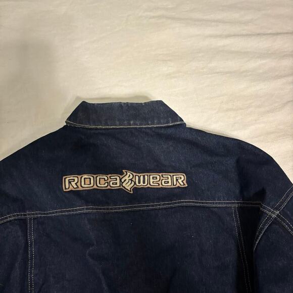 ROCAWEAR Denim Jacket Pockets Mens Size L Blue Zip Complete Embroidery Logo - Picture 7 of 8